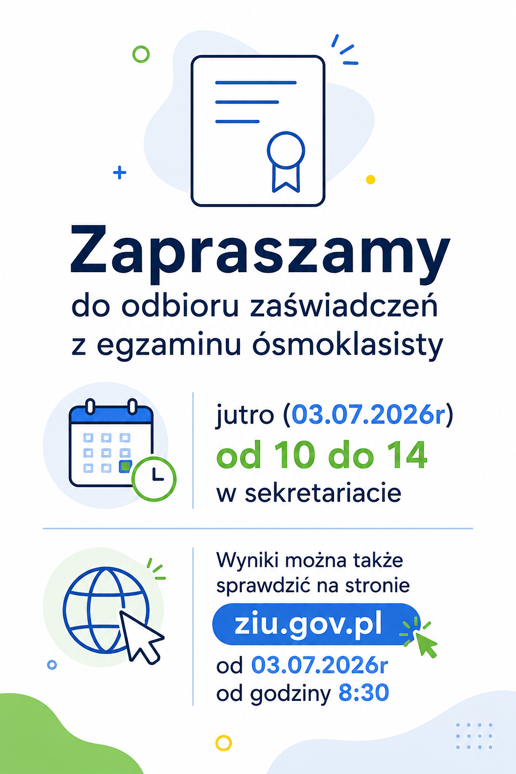 Odbi&oacute;r zaświadczeń o wynikach egzamin&oacute;w