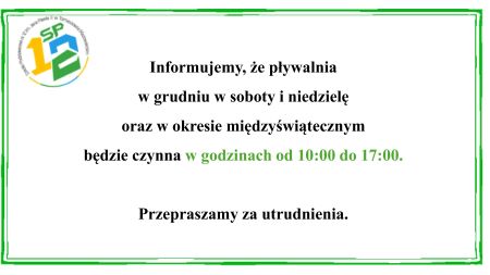 Informujemy, że pływalnia w dniach 23-24.11.2024 r. oraz 30.11.-01.12.2024 r. będzie czynna w godzinach 10.00 do 17.00 . Przepraszamy za utrudnienia.