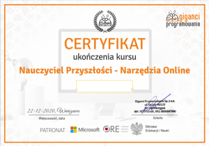 CERTYFIKAT w warsztatach - nauczyciel przyszłości