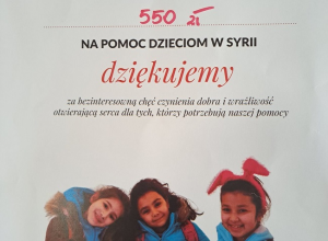 Szkoła Szkole- podziękowania za udział w zbiórce funduszy dla dzieci w Syrii