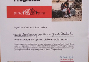 Szkoła Szkole- podziękowania za udział w zbiórce funduszy dla dzieci w Syrii