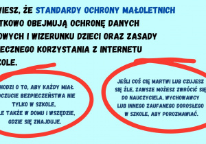 Czy wiesz, że Standardy Ochrony Małoletnich dodatkowo obejmują ochronę danych osobowych i wizerunku dzieci oraz zasady bezpiecznego korzystania z Internetu w szkole.