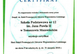 certyfikat sieci szkół promujących zdrowie województwa łódzkiego na okres 5 lat szkolnych